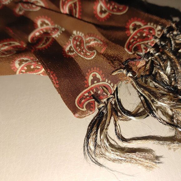 Brown Paisley Satin Scarf Vintage Fringe Trim 42 by 11 Inches Unisex Luxurious - Picture 6 of 10